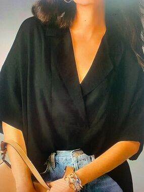 Black V-Neck Draped Women's Top